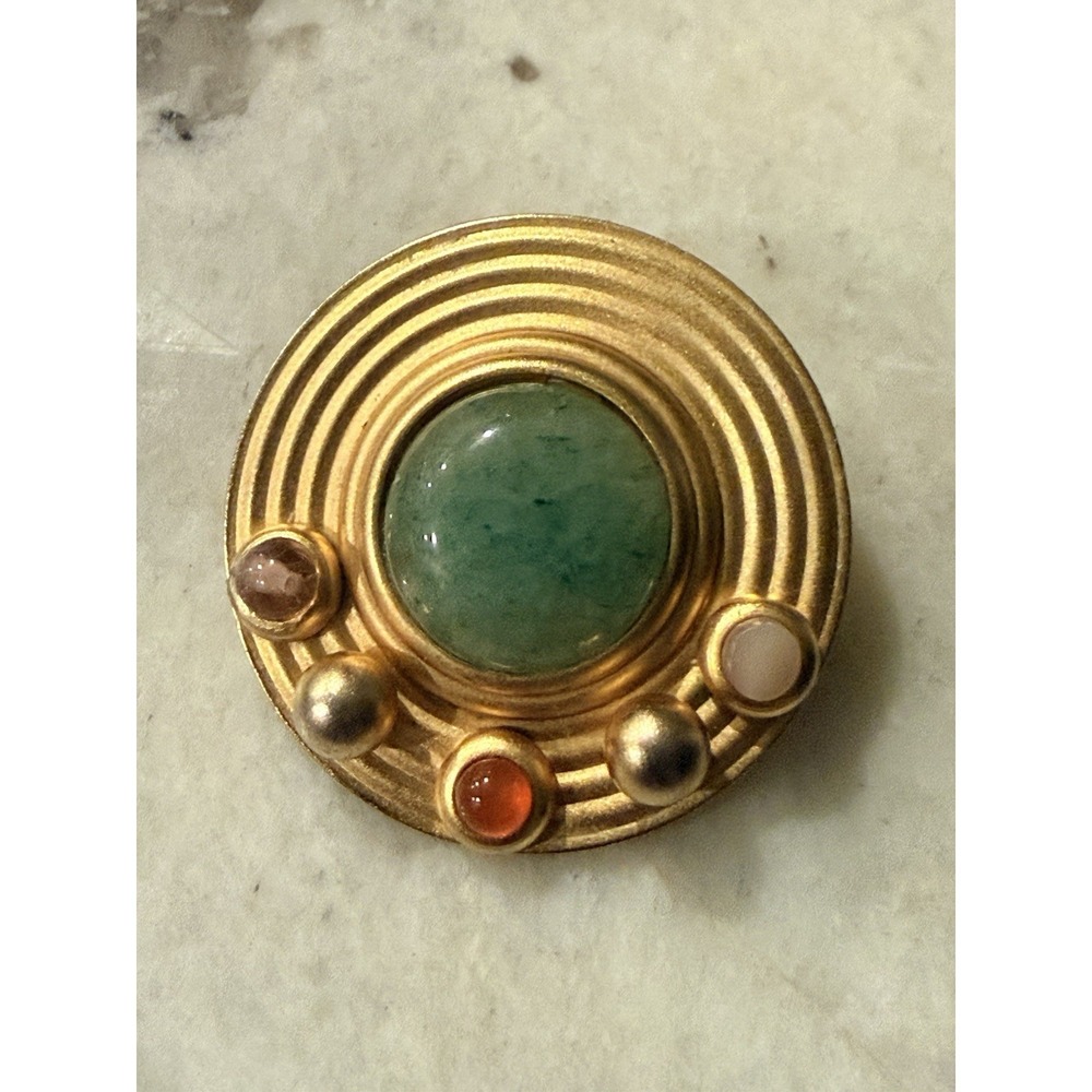Vintage GN Buonanno Brooch Gold Tone Circle MCM Atomic Green Stone
